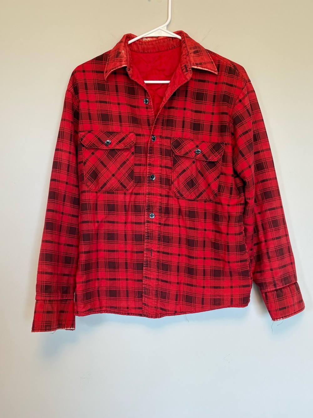Vintage Red Black Plaid Quilted Lined Flannel Shirt Jacket Grunge Workwear S